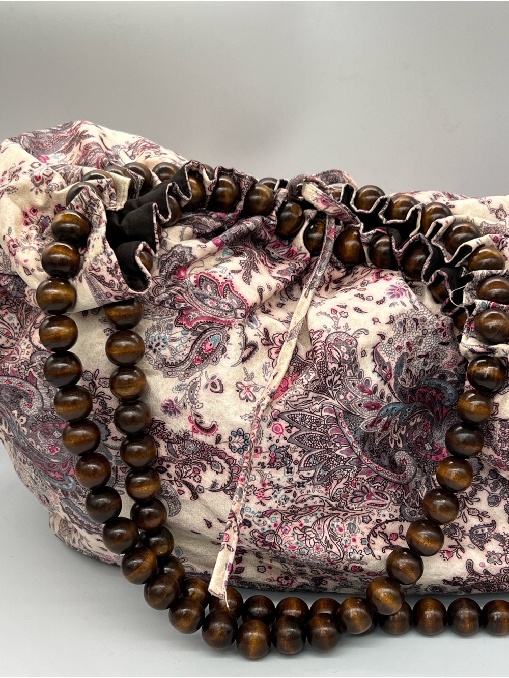 Amici bohemianPaisley Drawstring Shoulder Bag with Wooden Bead Strap